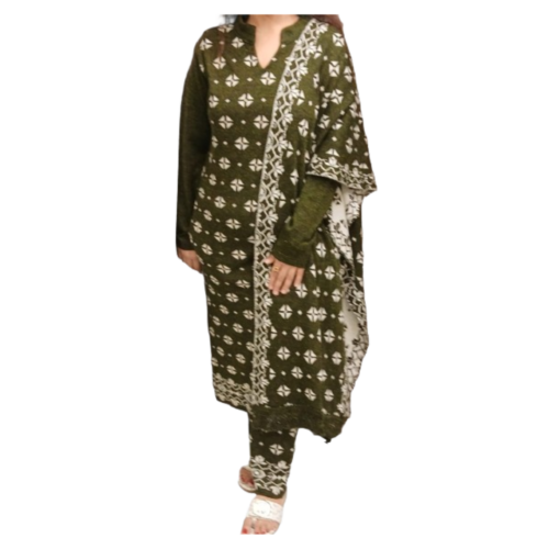 Traditional Olive Green Woolen Suit Set with Shawl Dupatta for Women ART NO 6002