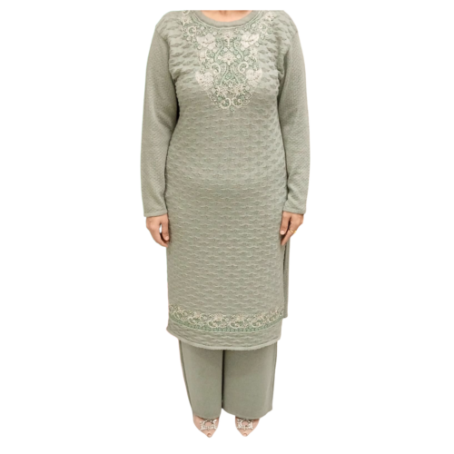 Elegant Olive Green Woolen Embroidered Winter Suit Set for Women ART NO 8900