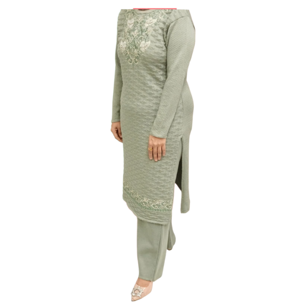 7 Elegant Olive Green Woolen Embroidered Winter Suit Set for Women ART NO 8900