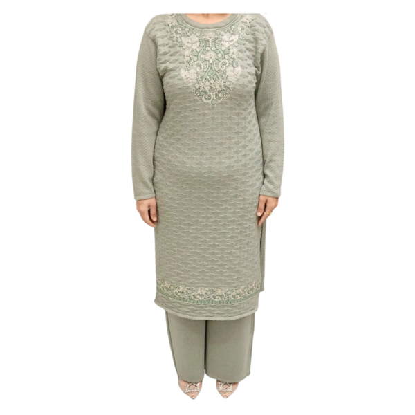 8 Elegant Olive Green Woolen Embroidered Winter Suit Set for Women ART NO 8900