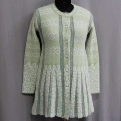 A-Line Printed Light Green Wool Blend Sweater for Women | Round Neck Cardigan by Pawni Knitwears | Art No- 7900