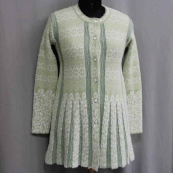 A-Line Printed Light Green Wool Blend Sweater for Women | Round Neck Cardigan by Pawni Knitwears | Art No- 7900