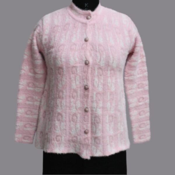 Women’s Woven Wool Cardigan – Baby Pink | Buttoned Round Neck Sweater | Art No- 5600