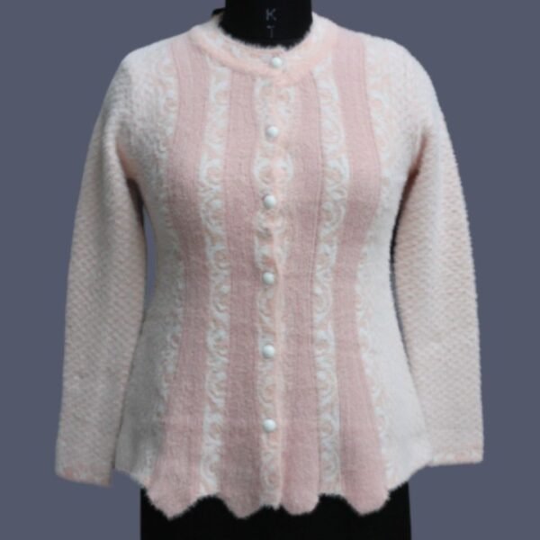 Women’s White & Light Pink Striped Pure Wool Round Neck Sweater – Art No- 56000