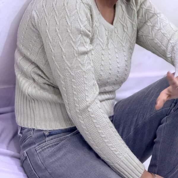 Women’s Short Knitted Sweater – Off White | Round Neck, Full Sleeves by Pawni Knitwears | Art No- 999