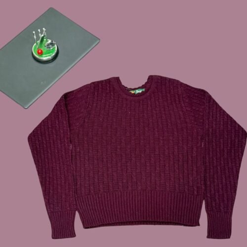 Women’s Short Knitted Sweater – Dark Pink | Round Neck, Full Sleeves by Pawni Knitwears | Art No- 999