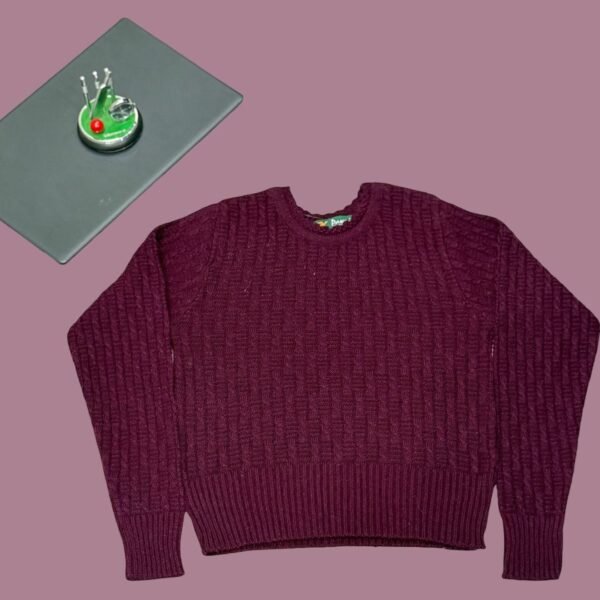 Women’s Short Knitted Sweater – Dark Pink | Round Neck, Full Sleeves by Pawni Knitwears | Art No- 999