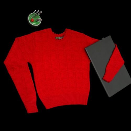 Women’s Short Knitted Sweater – Red | Round Neck, Full Sleeves by Pawni Knitwears | Art No- 999