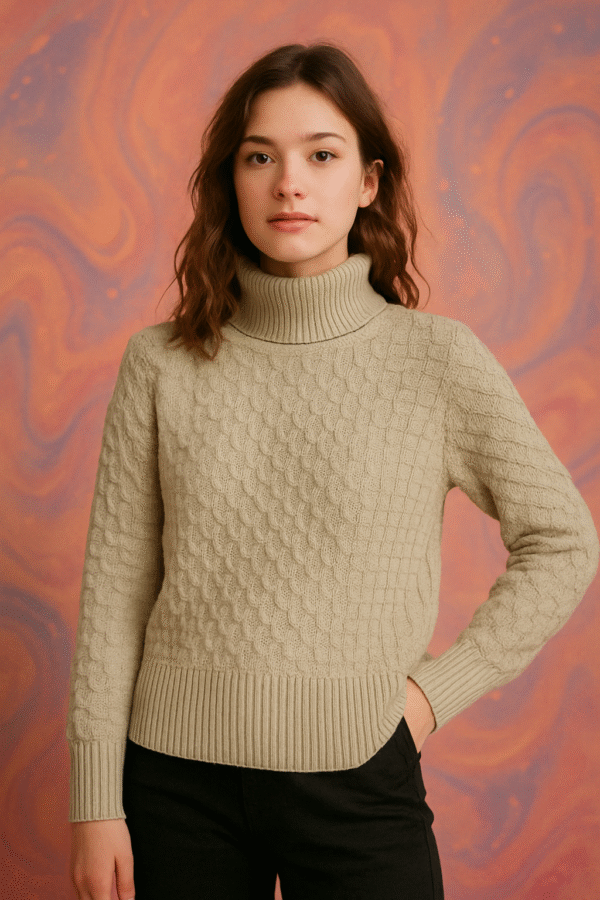Women's 100% Cashmere Turtleneck Sweater – Tan | Thick Warm Knitwear by Pawni Knitwears | Art No- 31000