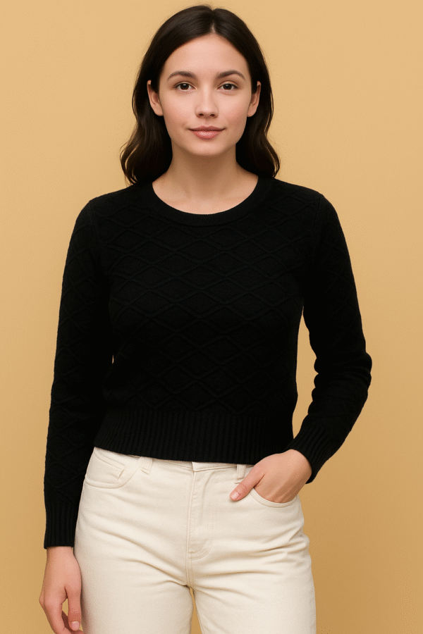 Women’s Short Knitted Sweater – Black | Round Neck, Full Sleeves by Pawni Knitwears 31000
