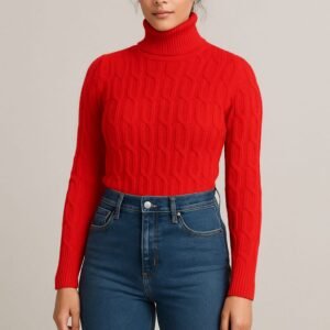 Women's 100% Cashmere Turtleneck Sweater – Red | Thick Warm Knitwear by Pawni Knitwears | Art No- 31000