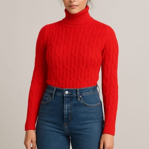 Women's 100% Cashmere Turtleneck Sweater – Red | Thick Warm Knitwear by Pawni Knitwears | Art No- 31000