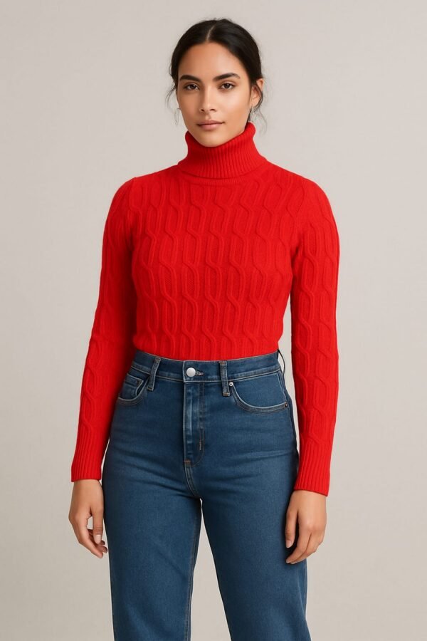 Women's 100% Cashmere Turtleneck Sweater – Red | Thick Warm Knitwear by Pawni Knitwears | Art No- 31000