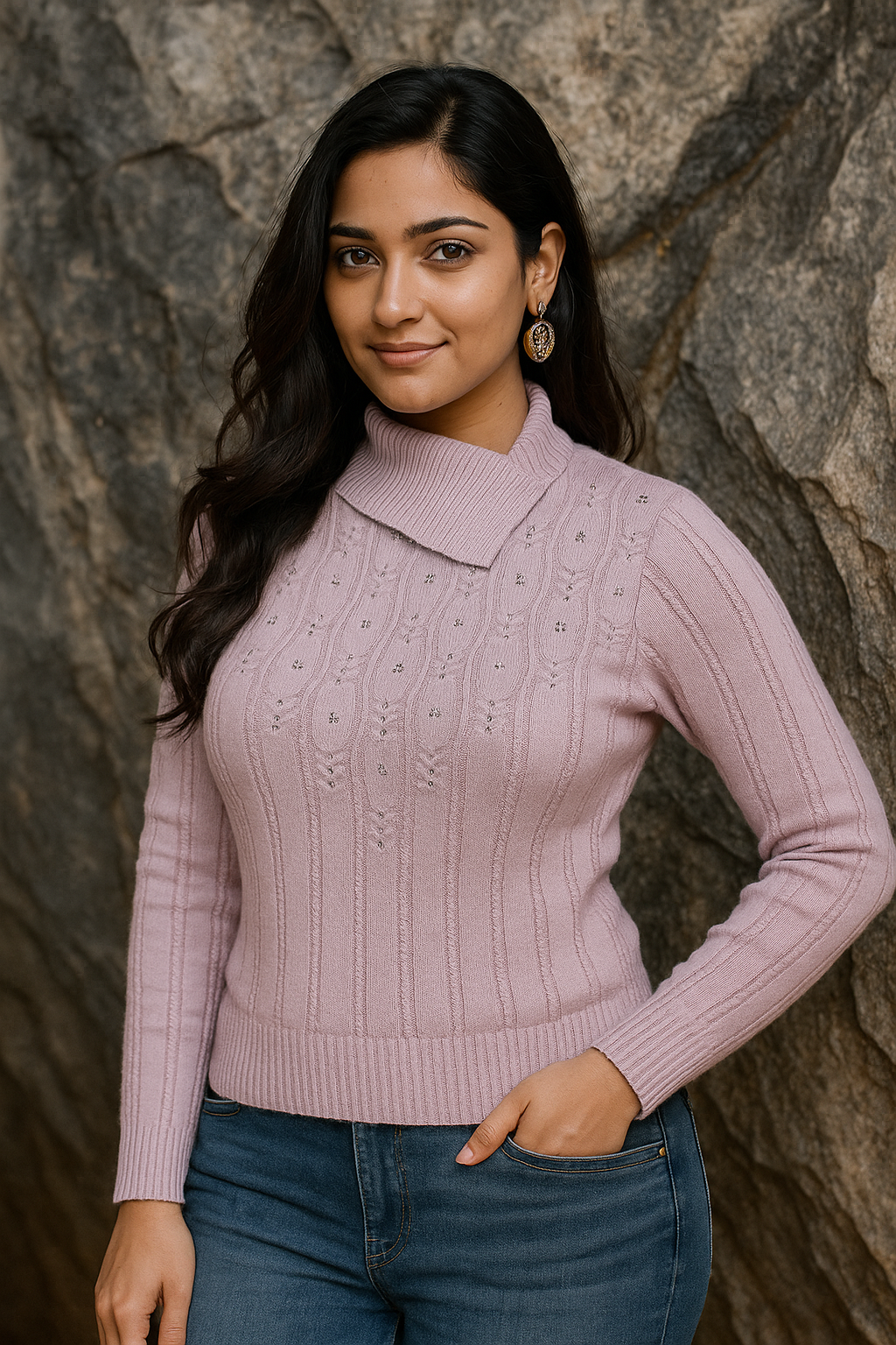Women’s 100% Cashmere Test- High Neck top Embroidery –Stylish | Thick Warm Knitwear by Pawni Knitwears | Art No- 31000
